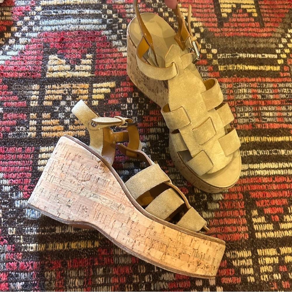 Ralph Lauren Collection Suede Fisherman Cork Wedge Sandals size 8